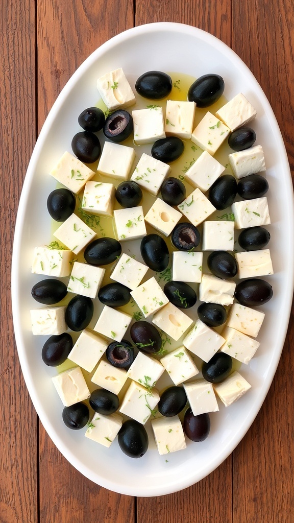 Feta and Olive Checkerboard Appetizer Feta and olive checkerboard appetizer with fresh herbs on a rustic wooden table.